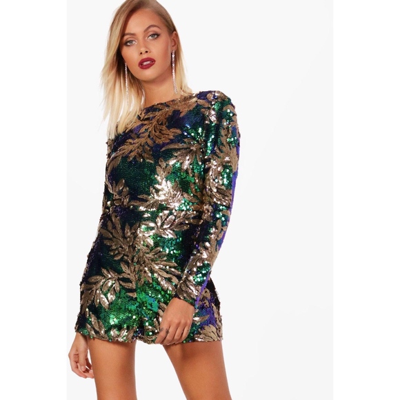 Green & Gold Leaf Sequin Romper - Picture 1 of 5